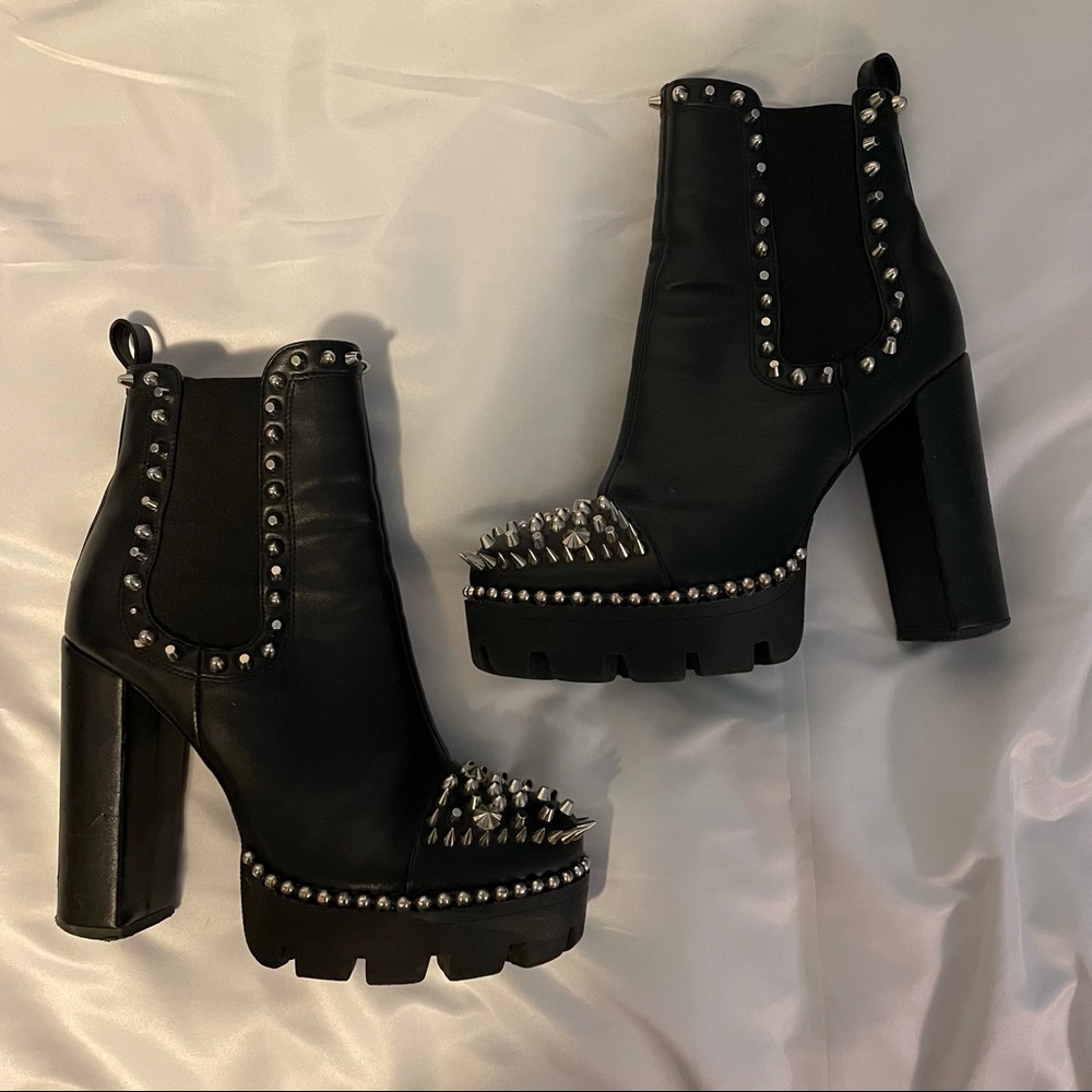 Black Platform Heeled Boots with Silver Spikes